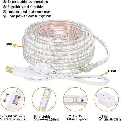 SURNIE 50ft LED Rope Lights Outdoor Waterproof, 110V Flexible Daylight White Bright Lighting Cuttable Connectable, Cool Clear Flat Strip Light 6000K for Outside Deck Patio Camping Decor, Not Tube Rope