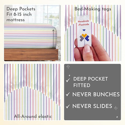 California Design Den Deep Pocket Twin Sheets Set - 400 Thread Count Sateen, Natural 100% Cotton Sheets, Cooling and Durable Bedding Set - Rainbow Striped