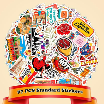 100 PCS Spain Travel Stickers Pack, España Vinyl Waterproof Stickers of Madrid Catalunya Landmarks Flamenco Food and Culture, 9 Sheets for Laptop Water Bottle Scrapbook