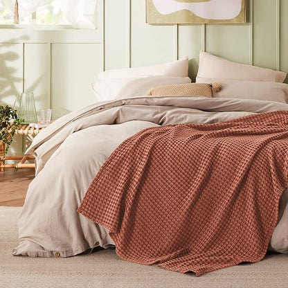 Bedsure Cooling Cotton Waffle Weave Blanket - Lightweight Breathable Blanket of Rayon Derived from Bamboo for Hot Sleepers, Luxury Throws for Bed, Couch and Sofa, Red Orange, 50x70 Inches