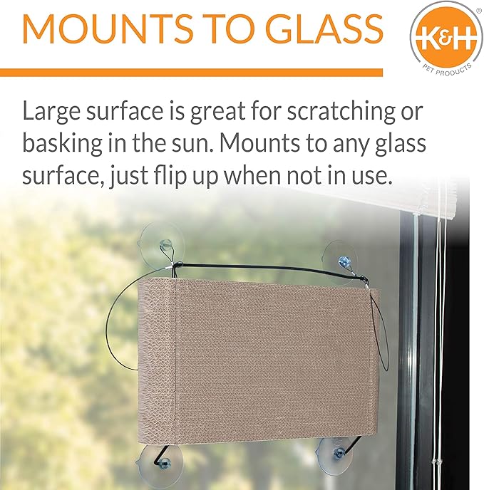 K&H Pet Products EZ Mount Cat Window Perch Kitty Sill Scratcher Cradle, Sturdy Window Perch for Large Cats, Steel Frame Scratcher Hammock with Strong Suction Cups for Glass - 20 X 11in Cardboard-Mewly Pet