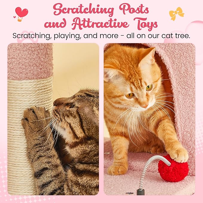MWPO Cute Cat Tree, 70.1-Inch Tall Pink Cat Tower for Indoor Cats Large Adult, Multi-Level Cat Condo with 5 Scratching Posts, 2 Padded Perches, Hammock, Dangling Toys-Mewly Pet
