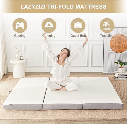 Folding Memory Foam Mattress, 4" Tri-fold with Breathable Washable Bamboo Fiber Cover, Foldable Guest Bed for Camping, Road Trip, Queen
