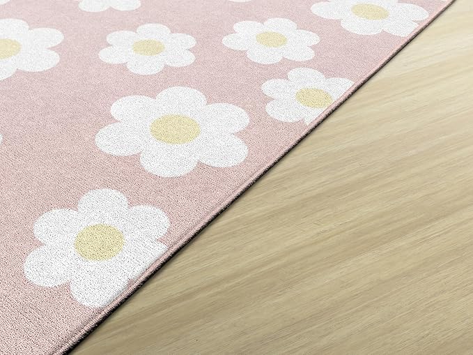 Flagship Carpets Schoolgirl Style Retro Daisies on Pink Educational Area Rug for Kids Room Seating Décor, Children's Classroom, Play Carpet for Teaching and Playroom, 7'6 "x 12'