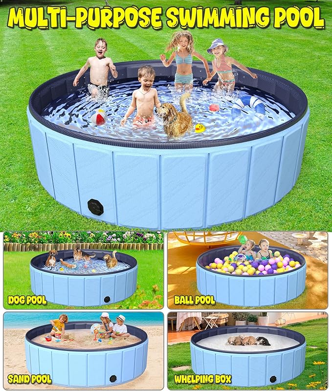 Oversize Dog Pool 75"x 16", Hyperzoo Foldable Dog Swimming Pool, Hard Plastic PVC Leakproof Doggie Wading Collapsible Pet Bathing Tub for Puppy Small Medium Large Dogs and Kids, Blue-Mewly Pet