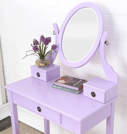 Roundhill Furniture Moniys Wood Moniya Makeup Vanity Table and Stool Set, Purple