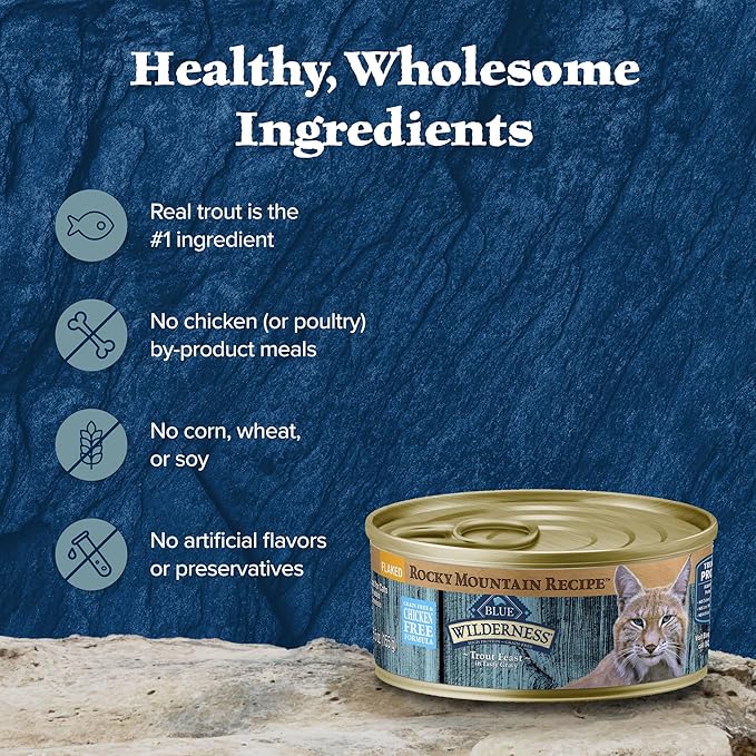 Blue Buffalo Wilderness Rocky Mountain Recipe Natural High Protein Wet Food for Adult Cats, Trout in Tasty Gravy, 5.5-oz cans, Pack of 24-Mewly Pet