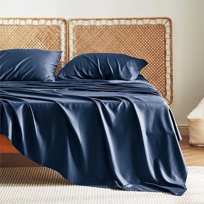 Bedsure Full Size Bed Sheets, Cooling Sheets, Rayon Derived from Bamboo, Breathable & Soft, Deep Pocket Up to 16 Inches, Hotel Luxury Silky Bedding for Hot Sleepers, Navy