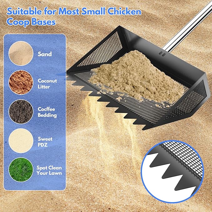 Chicken Poop Scooper & Rake 2-in-1, 304 Stainless Steel Shovel Head, Chicken Litter Scoop with Handle for Chicken Coop & Pet Waste Cleaning, Litter Sifting Shovel (35 to 65") US Patent Pending (Black)-Mewly Pet