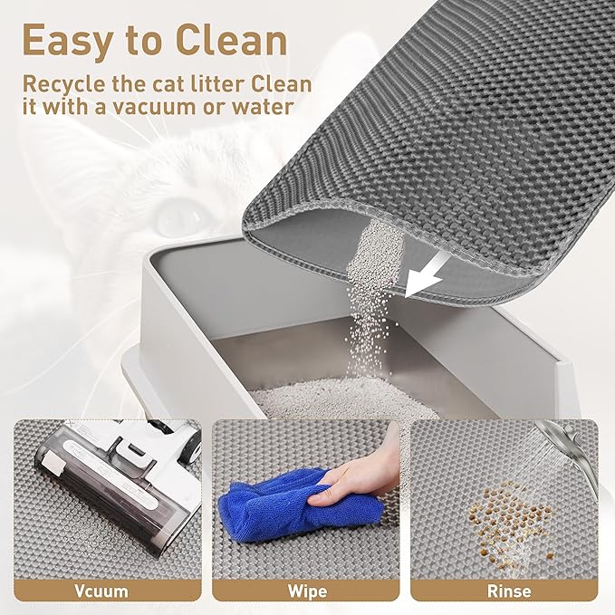Large Cat Litter Mat for Litter Box, 47"×27.5" Double Layer Trapping Mat, Non-Slip Water Proof Kitty Litter Pad, Grey-Mewly Pet