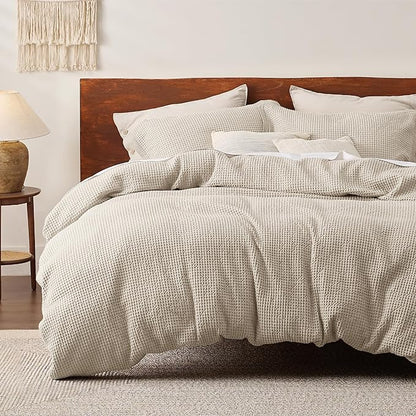 Bedsure Cotton Duvet Cover Set - 100% Cotton Waffle Weave Beige Duvet Cover California King, GentleSoft™ and Breathable Cal King Bedding Set for All Season, 3 Pieces, 104"x98"