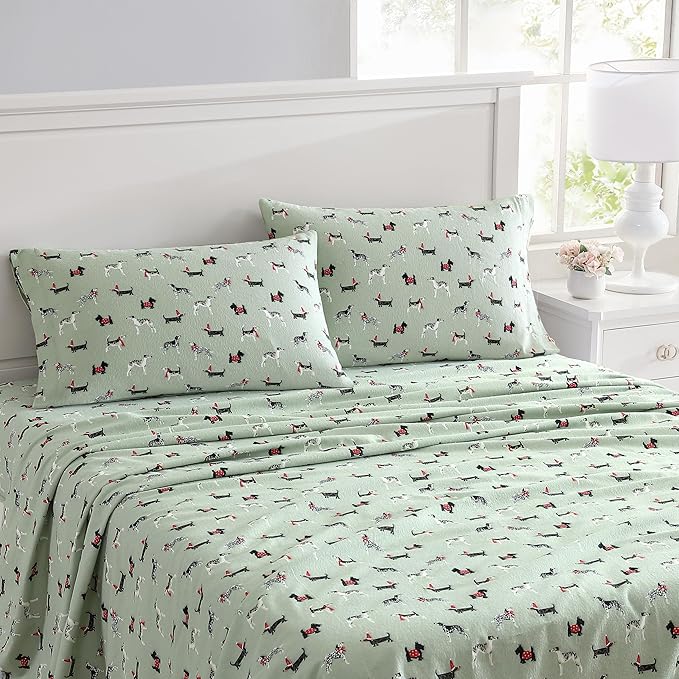 Laura Ashley - Flannel Sheets Twin Size, Anti-Pilling & Wrinkle Resistant Cotton, Touchably Soft for All-Season Comfort - Bed Sheets with Matching Pillowcase & Fitted Sheet (Holiday Pups Green)
