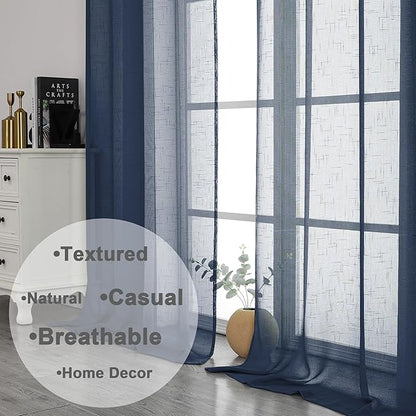 Aiyufeng Navy Blue Long Sheer Curtains - Slub Texture Semi Sheer Window Covering, Light & Airy Privacy Sheer Panels for Bedroom Living Room Patio Glass Door, 40 inch Width x 96 inch Length, Set of 2