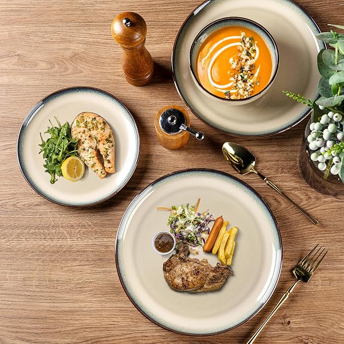 GBHOME Ceramic Dinnerware Sets for 4, 12 Pieces Stoneware Plates and Bowls Sets, Scratch Resistant Dishes, Dishwasher & Microwave Safe, Reactive Glaze-Gravel-Mewly Pet