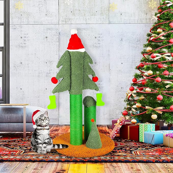 32” Cat Scratching Post, Tall Christmas Tree Cat Scratcher with 3 Posts and Cute Dangling Teaser Balls, Natural Sisal Rope Cat Toys for Kitty and Adult Cats-Mewly Pet