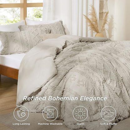 Bedsure Tufted Boho Comforter Set California King Size - Linen Boho Bed Set, GentleSoft™ 3 Pieces Farmhouse Shabby Chic Embroidery Bedding, Gifts for Woman, Soft Jacquard Comforter for All Seasons