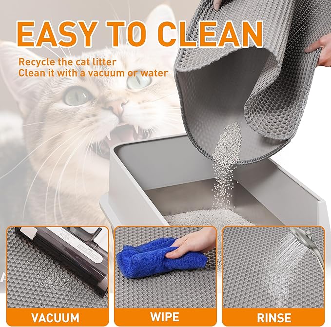 Large Cat Litter Mat for Litter Box, 47"×33" Double Layer Trapping Mat, Non-Slip Water Proof Kitty Litter Pad, Grey-Mewly Pet