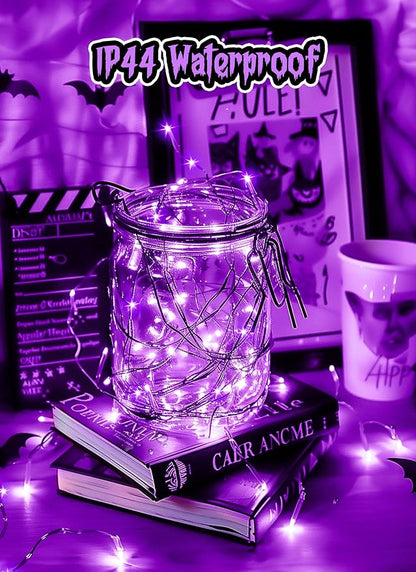 Minetom Halloween Fairy Lights, 33Ft 100 LED Battery Operated Fairy Lights, Waterproof Copper Wire Mason Jar Lights for Home Party Ghost Haunted House Indoor Outdoor Halloween Decorations, Purple