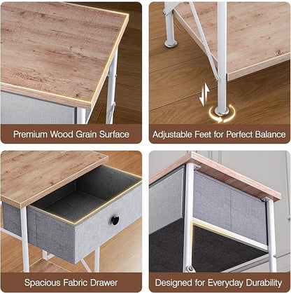 VECELO Nightstand with Drawer, Set of 2, Small Bedside Table with Storage and Adjustable Metal Legs, Wood End Table for Bedroom or Living Room, Perfect for Small Spaces and Modern Décor, Light Brown