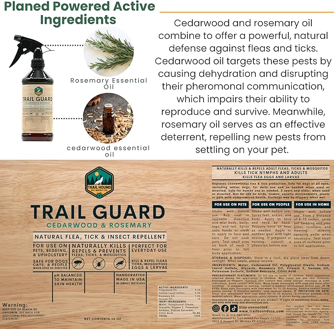 Trail Guard Natural Extra Strength Insect, Flea and Tick Spray for Dogs, Cats, People & Home (16oz, Cedarwood & Rosemary)-Mewly Pet