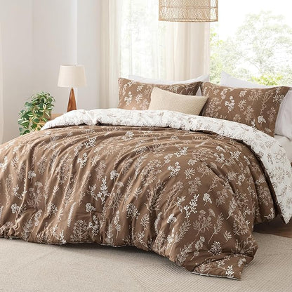 Bedsure Full Comforter Set - Brown Bed Set, 3 Pieces Cute Floral Bedding, 1 Soft Reversible Botanical Flowers Comforter and 2 Pillow Shams