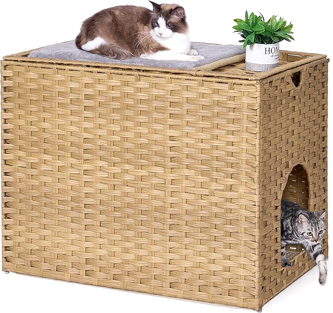 Cat Litter Box Enclosure with Litter Trapping Mat; Handwoven Plastic Rattan Cat House; No Installation Hidden Cat Washroom; Pet Crate for Balcony,Bedroom,Living Room-Mewly Pet