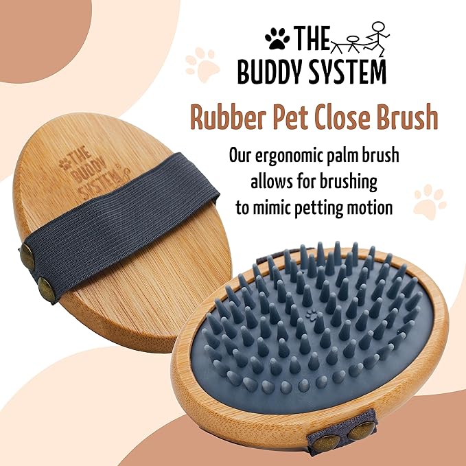 The Buddy System Rubber Pet Close Brush, Soft Touch Oval Palm Brush - Bamboo Massage Handheld with Rubber Bristles and Elastic Band for Dogs and Cats - Gray-Mewly Pet