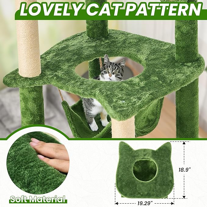 55 Inch Large Cat Tree Tower for Indoor Cats with Hammock Green Leaves Sisal Scratching Post, Plush Hang Ball Play Furniture for Kittens & Adult Cats,New Green-Mewly Pet