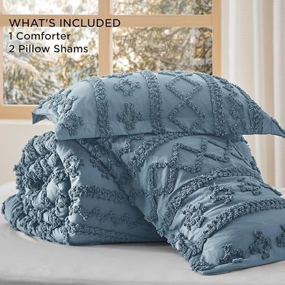 Bedsure Tufted Boho Comforter Set King Size - Grayish Blue Boho Bed Set, GentleSoft™ 3 Pieces Farmhouse Shabby Chic Embroidery Bedding, Gifts for Woman, Soft Jacquard King Comforter for All Seasons