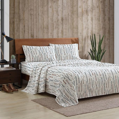 Eddie Bauer - Queen Sheets, Cotton Flannel Bedding Set, Brushed For Extra Softness, Cozy Home Decor (Ski Line White, Queen)