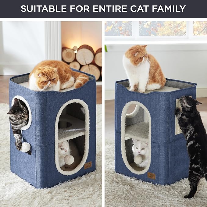 Bedsure 2 Story Cat House - Cat Condos for Indoor Cats with Scratch Pad and Fluffy Ball Hanging, Small Pet Cave Furniture Hideaway for Multi Pets, 18x14x23 inches, Blue-Mewly Pet