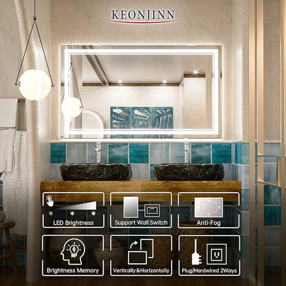 Keonjinn 48 x 28 Inch LED Bathroom Mirror, Lighted Bathroom Mirror with Lights, Shatter-Proof Tempered Glass, UL-Listed LED Driver, Fog Free, Dimmale 6000K, Easy to Install(Horizontal/Vertical)