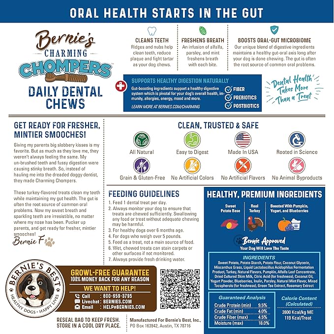 Bernie's Charming Chompers - Daily Dental Chews for Dogs 26-50 Lbs. - 36 Count - Cleans Teeth, Freshens Breath, + Boosts Oral-Gut Microbiome. Easy to Digest, Supports Healthy Digestion Naturally-Mewly Pet