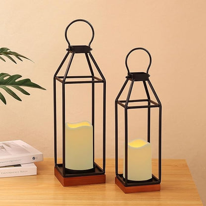 Perfnique Metal Lanterns w/ Pine Wood, Set of 2 Farmhouse Lantern Decorative w/ Waterproof Flameless Candle & Remote Timer, Modern Farmhouse Candle Holder for Outdoor, Porch, Fireplace(Wood Base)