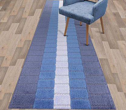 Custom Size Coastal Nautical Style Runner Rug Carpet for Hallway Entryway, Slip Resistant Latex Rubber Backed, 31 inch Wide X Customized Length, Squares Blue, 31 inch X 28 feet