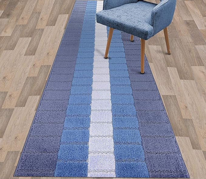 Custom Size Coastal Nautical Style Runner Rug Carpet for Hallway Entryway, Slip Resistant Latex Rubber Backed, 31 inch Wide X Customized Length, Squares Blue, 31 inch X 20 feet