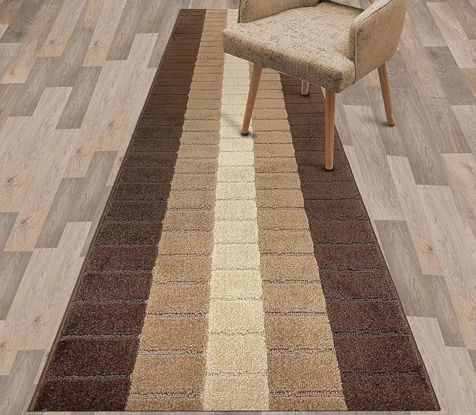 Custom Size Modern Geometric Pattern Carpet Runner Rug for Hallways, Slip Resistant Latex Rubber Backed, 31 inch Wide X Customized Length, Squares Brown, 31 inch X 25 feet
