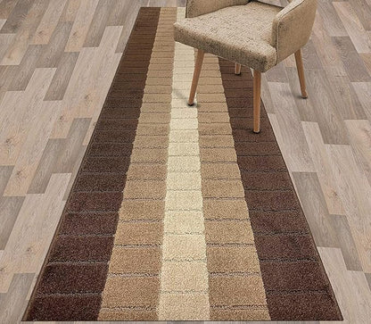 Custom Size Modern Geometric Pattern Carpet Runner Rug for Hallways, Slip Resistant Latex Rubber Backed, 31 inch Wide X Customized Length, Squares Brown, 31 inch X 18 feet