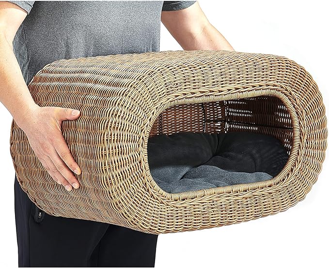 Fun Stackable Wicker Cat Hideaway House - Interactive Play Rattan Cat House for Indoor Cats Kitty, Pet Friendly Top/Side House Entry, Cat Bed Enclosed-Mewly Pet