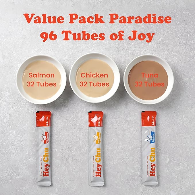 Squeezable Cat Treats, Lickable Puree, Grain-Free, 96 Tubes, Tuna Salmon Chicken, 0.5oz Each Tube-Mewly Pet