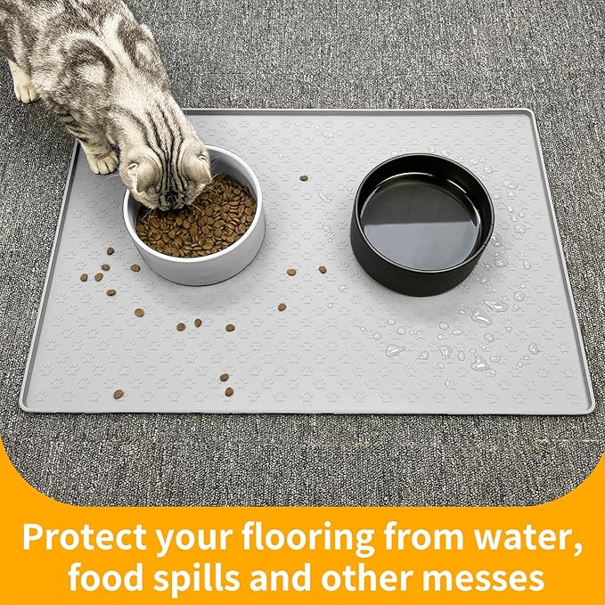 Ptlom Dog Food Mat Anti-Slip Pet Bowl Mats for Food and Water, High-Lips Pet Placemat Prevent Messy Spills to Floor, Waterproof Puppy Feeding Tray for Small, Medium Large Dogs Cats, Silicone-Mewly Pet