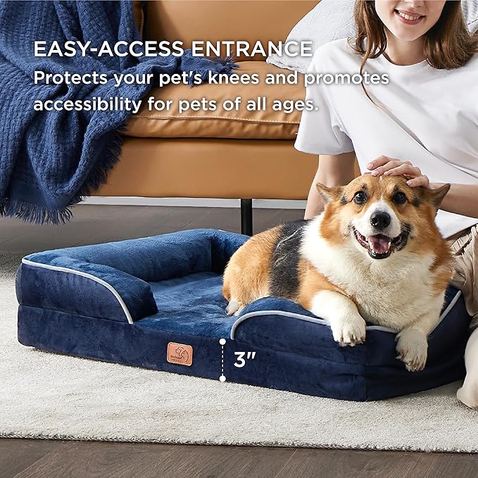 Bedsure Orthopedic Dog Beds Large Sized Dog - Washable Large Dog Cat Bed Waterproof, Comfort Dogs Couch Sofa with Washable Removable Cover, Pet Bed with Nonskid Bottom, Blue Navy, 35"-Mewly Pet