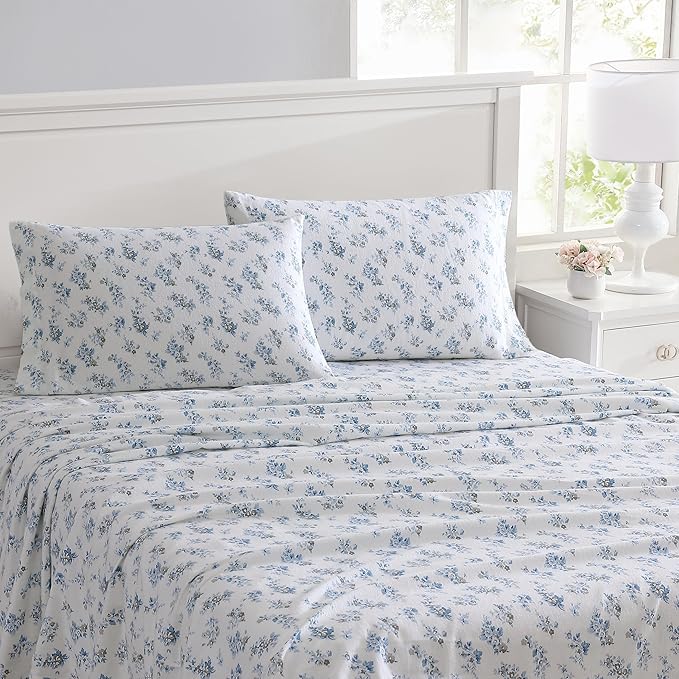Laura Ashley - Flannel Sheets Twin Size, Anti-Pilling & Wrinkle Resistant Cotton, Touchably Soft for All-Season Comfort - Bed Sheets with Matching Pillowcase & Fitted Sheet (Audrey Blue)