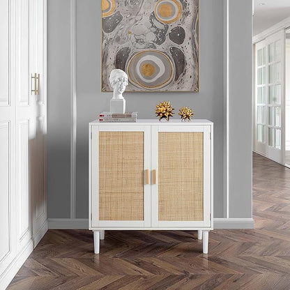 Finnhomy Sideboard Buffet Cabinet, Kitchen Storage Console with Rattan Decorated Doors, Liquor Buffet, Dining Room, Hallway, Cupboard Console Table, Accent Cabinet, 31.5X 15.8X 34.6 Inches, White