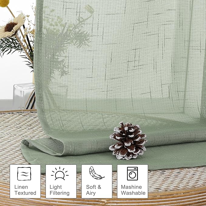 Aiyufeng Sage Green Sheer Curtains 45 Inch Length 2 Panels, Short Linen Curtains for Kitchen, Small Window Curtains Window Treatment Privacy with Light Filtering for Bathroom, Each 30Wx45L Inch, Green