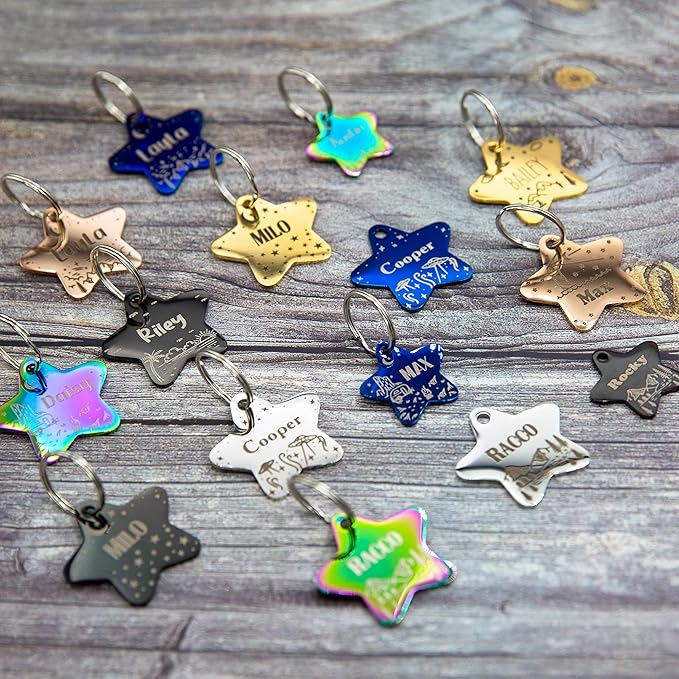 Personalized Dog Tag with 5 Lines of Custom Deep Engraved Durable Stainless Steel Pet ID Name Tag Designer Regular Size Star-Mewly Pet