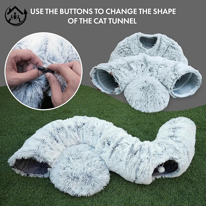 Large Cat Tunnel Bed for Indoor Cats Warm Fluffy Plush Cat Cave Tunnel Bed Collapsible, Washable, 3 Way and Multifunctional with Dangling Balls for Cats, Kittens and Rabbits- Gray-Mewly Pet