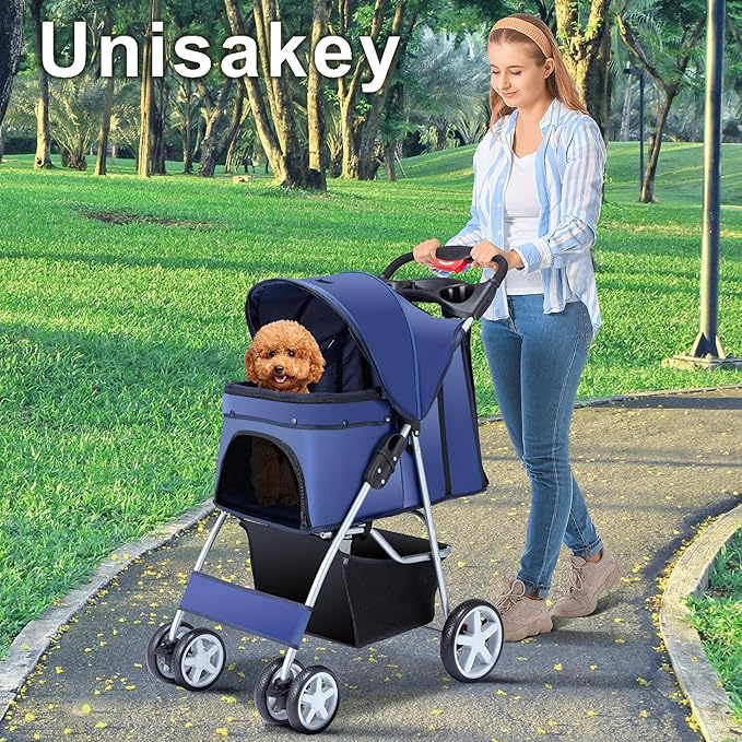 4 Wheels Pet Stroller for Small Medium Dogs Cats 10-33 lbs, Foldable Dog and Cat Stroller with Cup Holder & Storage Basket & Breathable Mesh, Pet Strolling Cart for All-Season, Navy Blue-Mewly Pet