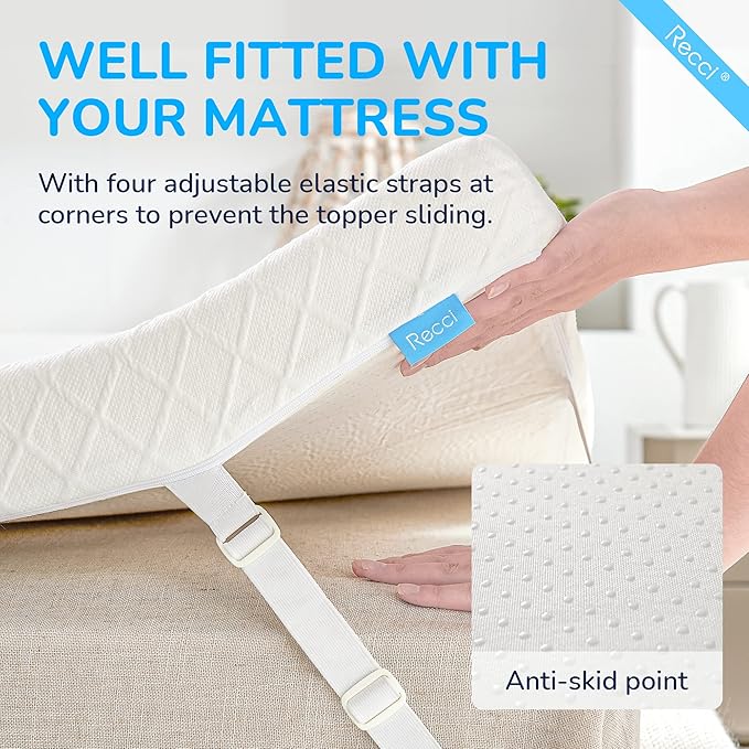 RECCI Memory Foam Mattress Topper, Pressure-Relieving Mattress Topper for Back Pain, Non-Slip Design with Removable & Washable Cover, CertiPUR-US Certified, 3 Inch King