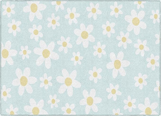 Flagship Carpets Schoolgirl Style White Daisies on Blue Educational Area Rug for Kids Room Seating Décor, Children's Classroom, Play Carpet for Teaching and Playroom, 5' x 7'6"